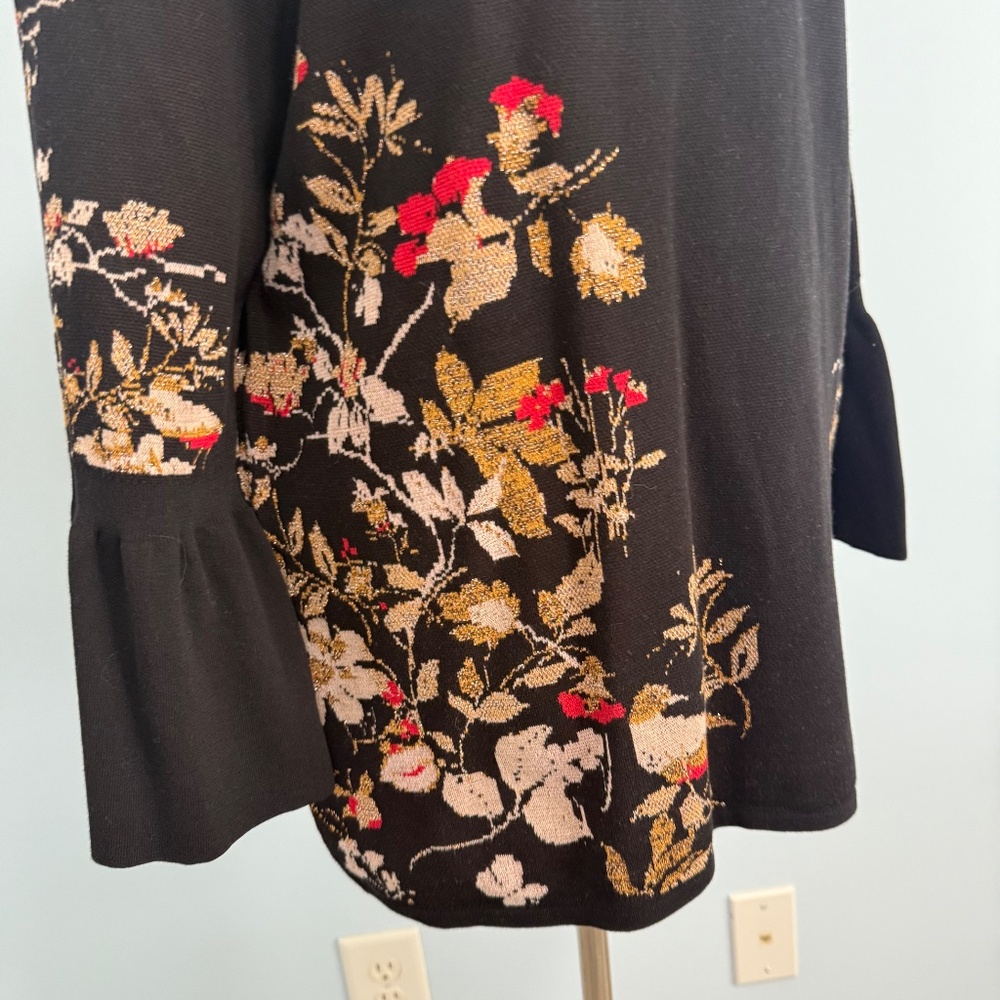 Chicos 2 Floral Sweater Womens Size Large Black 100% Cotton Jacquard Bell Sleeve - Picture 3 of 9